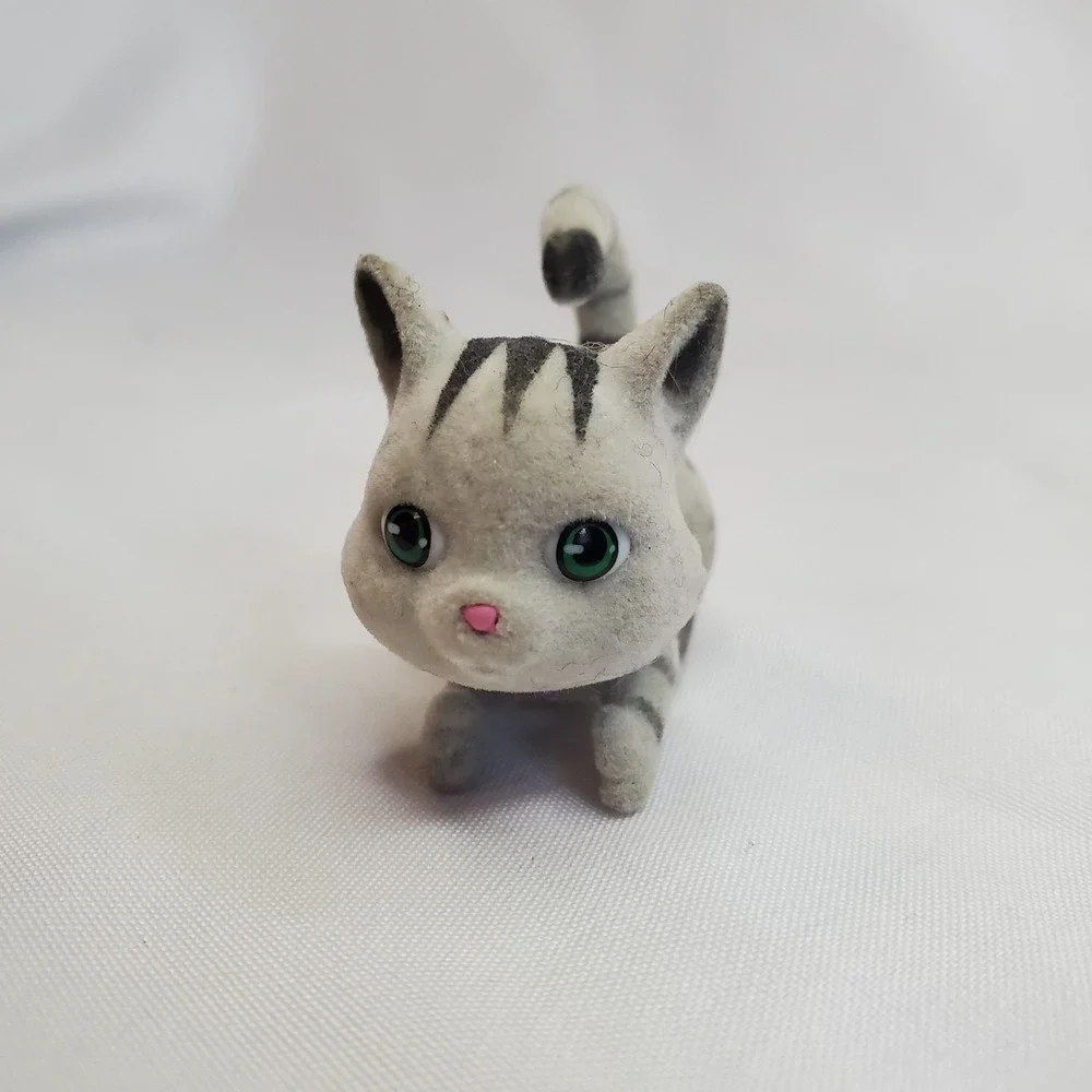 Small Flocked Striped Grey Cat Figure Toy